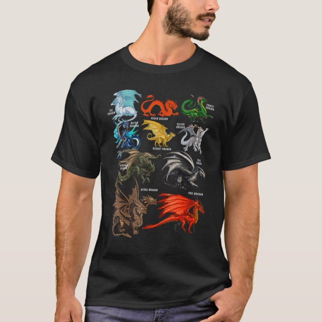 Camiseta Dragões Fantásticos Mostram Tipos De Dragões Prese (Frente)