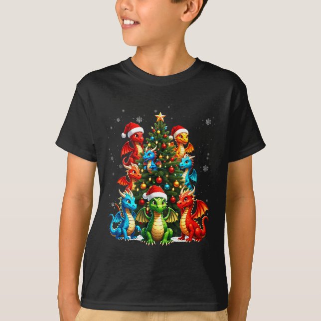 Camiseta Dragon Christmas Tree Squad Santa Hat Fantasy Myth (Frente)
