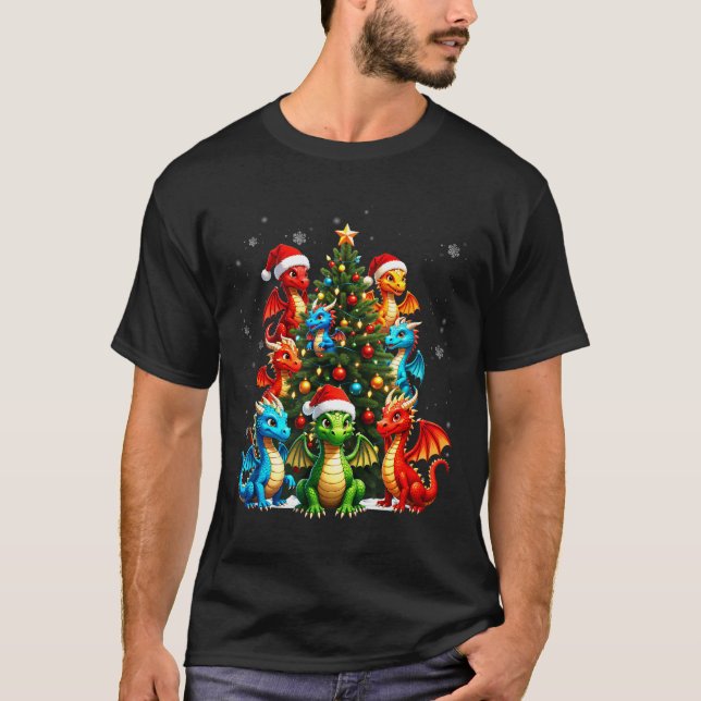 Camiseta Dragon Christmas Tree Squad Santa Hat Fantasy Myth (Frente)