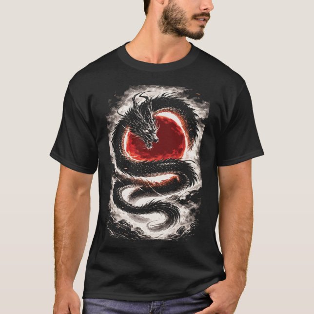 Camiseta Dragon Coil over a Red Eclipse - Japanese Art (Frente)