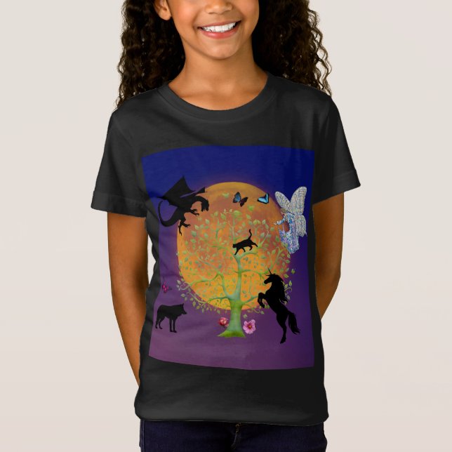 Camiseta Dragon Fairy Unicorn Magia Fantasy Tree & Moon (Frente)
