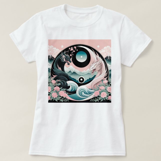Camiseta Dragon Floral Mountain Pink Sage Teal (Frente do Design)
