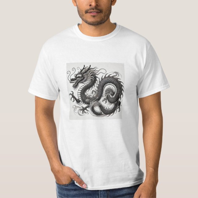 Camiseta Dragón Místico en Blanco y Negro Economica (Frente)