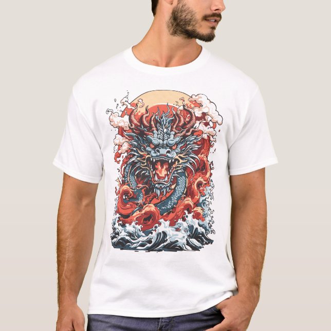 Camiseta Dragon Ocean 2 Japonês Estilo Branco (Frente)