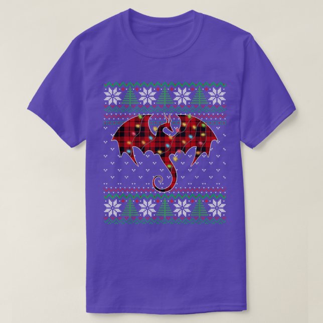 Camiseta Dragon Red Plaid Ugly Sweater Christmas Lights Dra (Frente do Design)