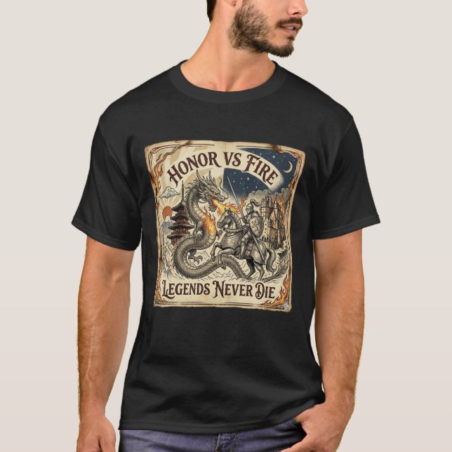 Camiseta Dragon vs Knight Tattoo Fantasy Tee (Frente)