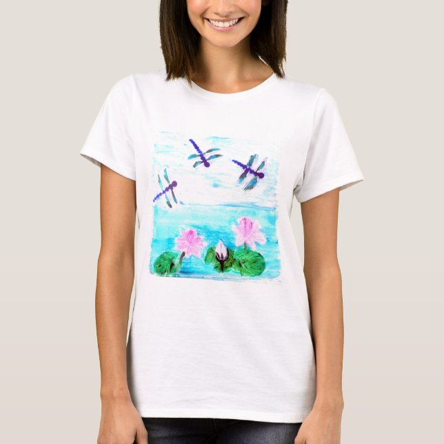 Camiseta Dragonfly Azul, Flores Waterlilly Rosa (Frente)