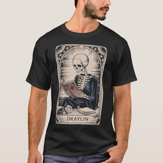 Camiseta DRAYLIN Skelett mit Buch Tarot Karte (Frente)