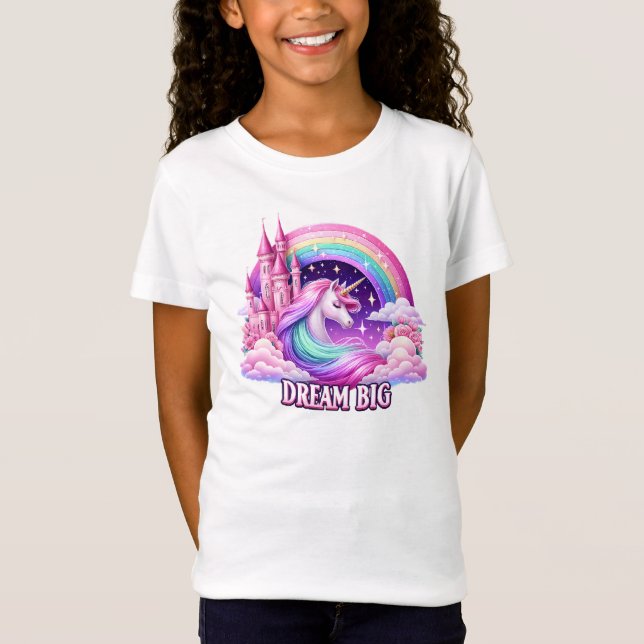 Camiseta Dream Big Unicorn T-Shirt - Rainbow Girls' Tee (Frente)