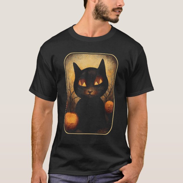 Camiseta Dreamy Black Cat in Magic Pumpkin Forest (Frente)