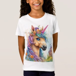 Camiseta Dreamy Unicorn Watercolor com Castelo e Flores