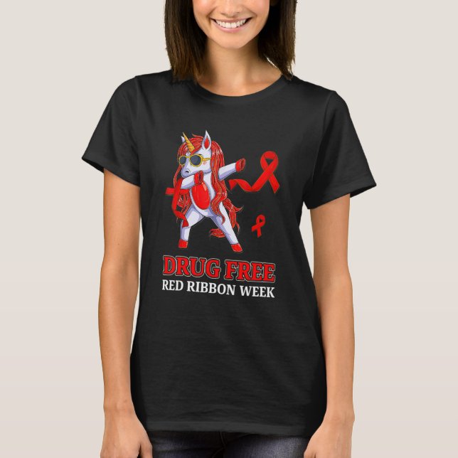 Camiseta Drogas Free Red Ribbon Dabbing Unicorn Drug Awaren (Frente)