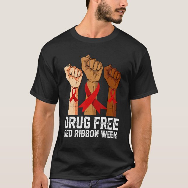 Camiseta Drug Free Red Ribbon Week Awareness Hand We Wear R (Frente)