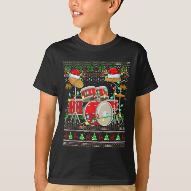 Camiseta Drum Ugly Christmas Sweater Musical Drum Player Dr (Frente)