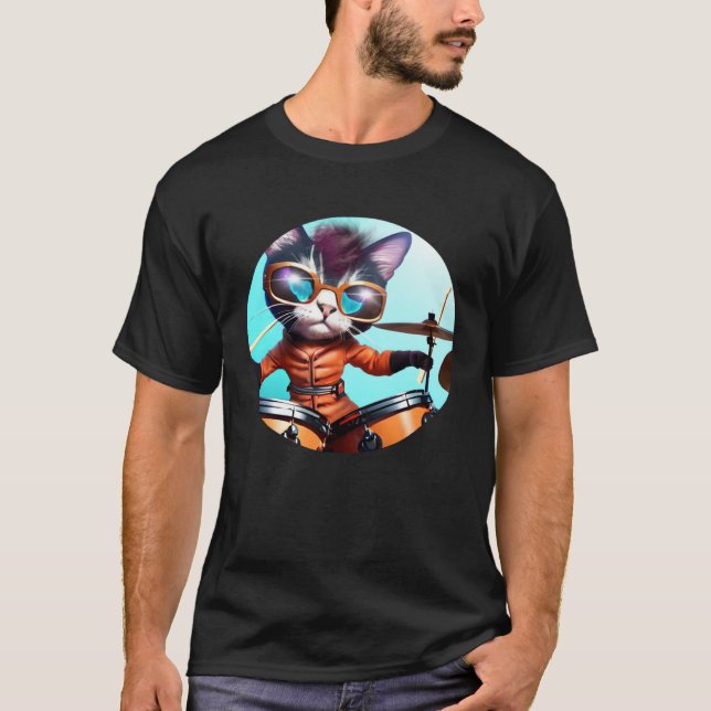 Camiseta Drummer Cat com Drumset (Frente)