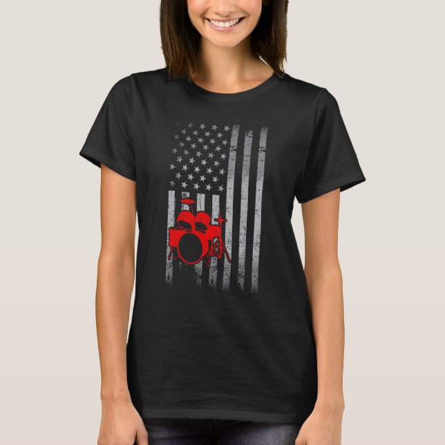 Camiseta Drummer Drum  Retro American Flag 4th of July Musi (Frente)
