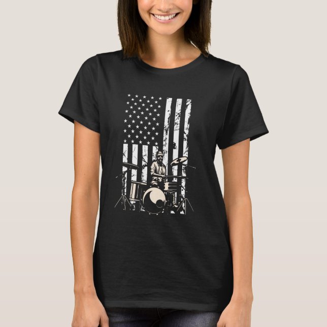 Camiseta Drummer Drum Set Drums EUA Flag American Drumming (Frente)