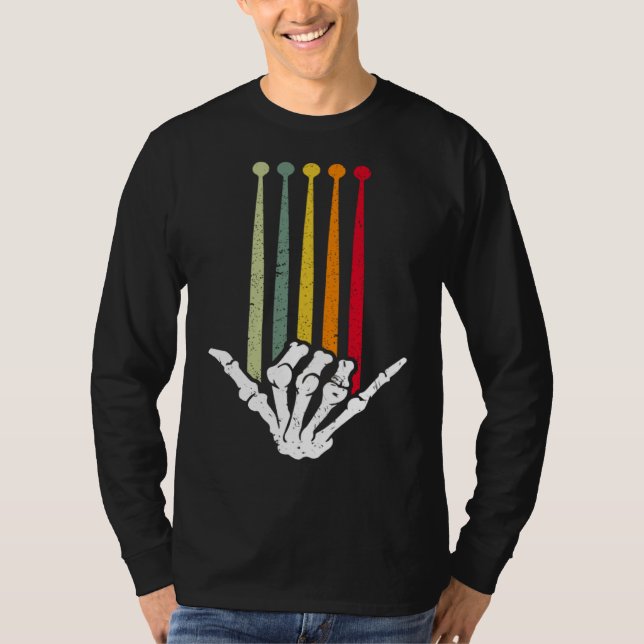 Camiseta Drummer Skeleton DrumStick Rock Music Drums Retro  (Frente)