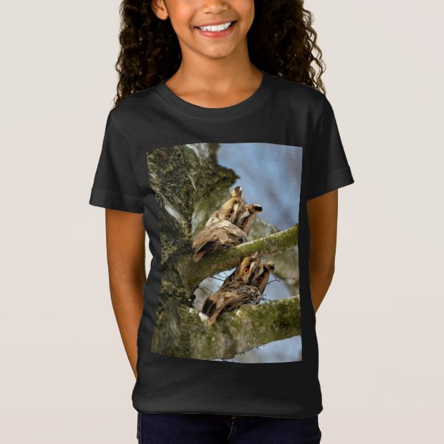 Camiseta Duas corujas na floresta, aves, vida selvagem (Frente)