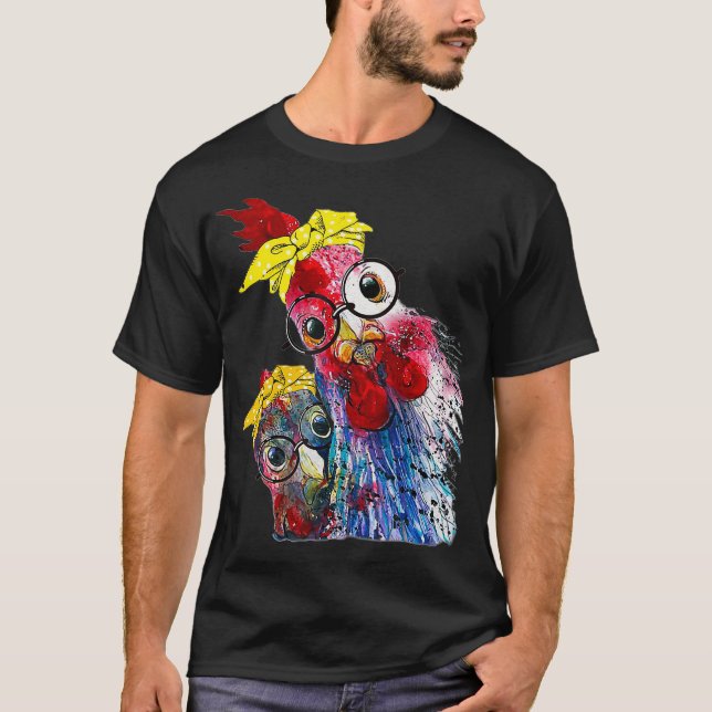 Camiseta duas galinhas com banda de bandana e óculos bonito (Frente)