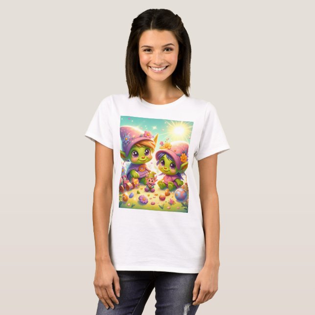 Camiseta duas meninas com um coelho e um coelho (Frente Completa)