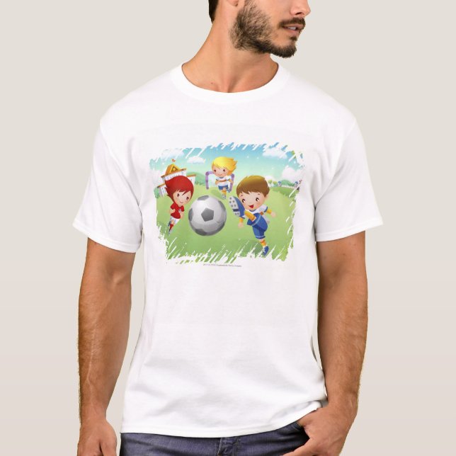 Camiseta Duas meninas e um menino que joga o futebol (Frente)