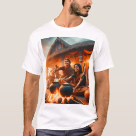 Camiseta duas mulheres sentadas ao redor de um incêndio com