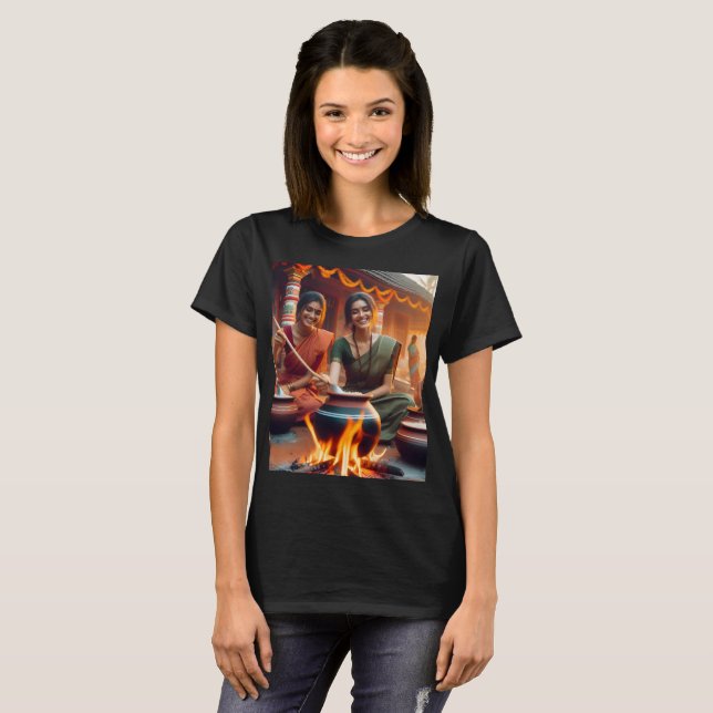 Camiseta duas mulheres sentadas em volta de um incêndio com (Frente Completa)