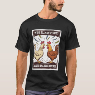 Camiseta Duelo de Frango Cartoon Quem Pisca Perdedor Faz Ja