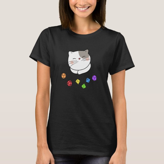 Camiseta Dungeon Meowster E Nerdy Cat Polyhedral Dice Set (Frente)