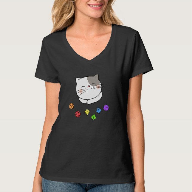 Camiseta Dungeon Meowster E Nerdy Cat Polyhedral Dice Set (Frente)