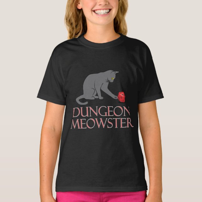 Camiseta Dungeon Meowster Engraçado Gato RPG com Dice (Frente)