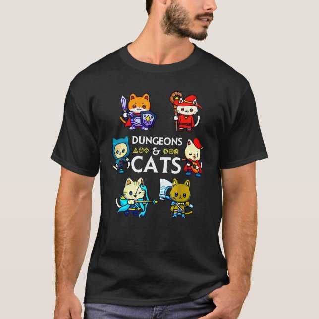 Camiseta Dungeons and Cats RPG D20 Dice Nerdy Fantasy Gamer (Frente)
