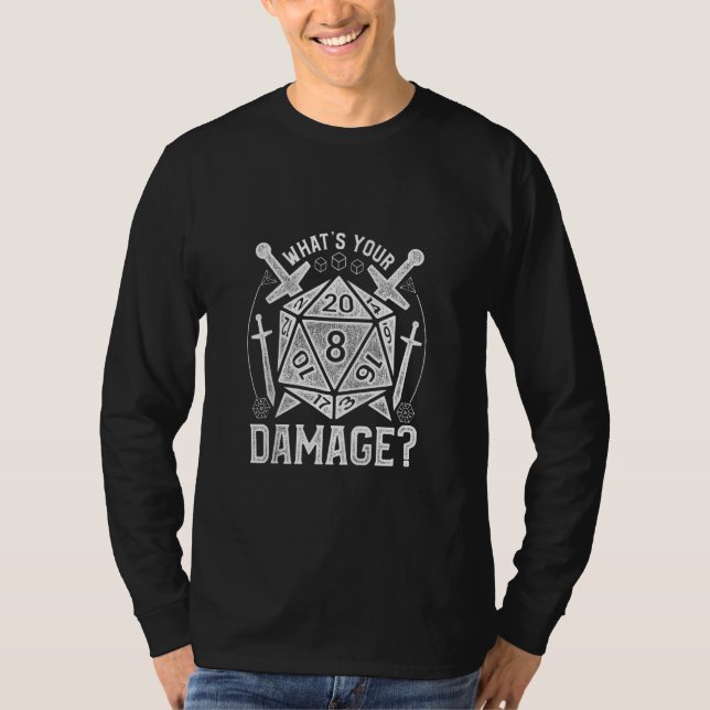 Camiseta Dungeons Dice Rpg Qual é o seu dano? (Frente)