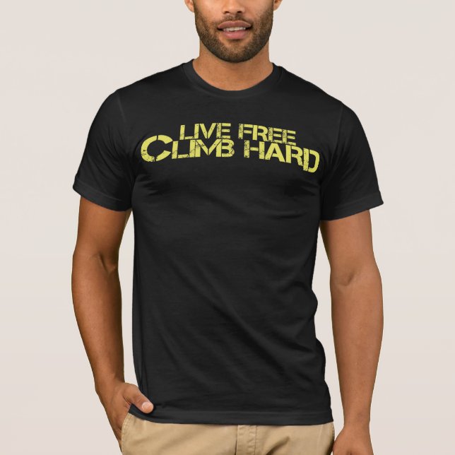 Camiseta Duro-amarelo-logotipo livre vivo da escalada (Frente)