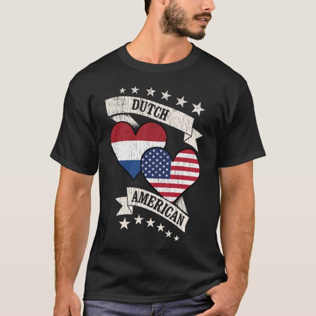 Camiseta Dutch American Heart Flags Países Baixos América (Frente)