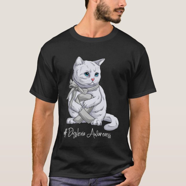 Camiseta Dyslexia Awareness Month Silver Ribbon Cat (Frente)