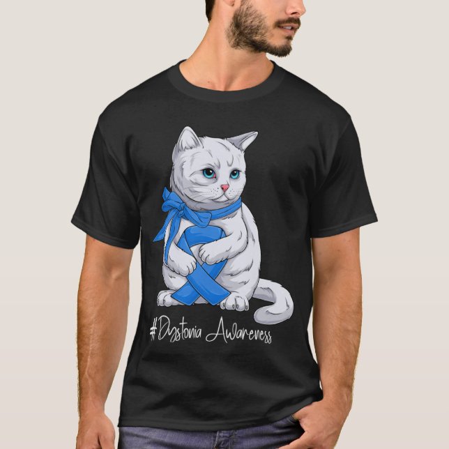 Camiseta Dystonia Awareness Month Blue Ribbon Cat (Frente)