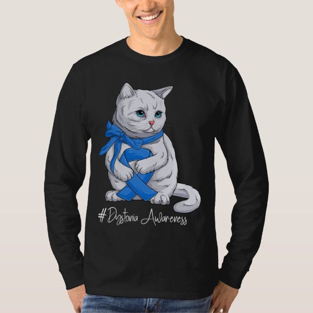 Camiseta Dystonia Awareness Month Blue Ribbon Cat (Frente)