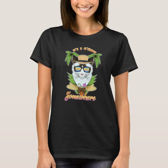 Camiseta É 5 O'Clock Em Algum Lugar Gato De Bebendo Ragdoll (Frente)