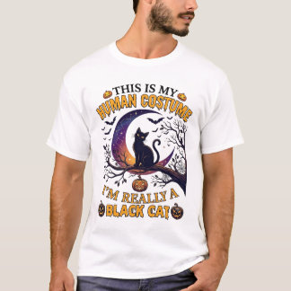 Camiseta É Fantasia Humana Gato Preto Halloween Lua_1
