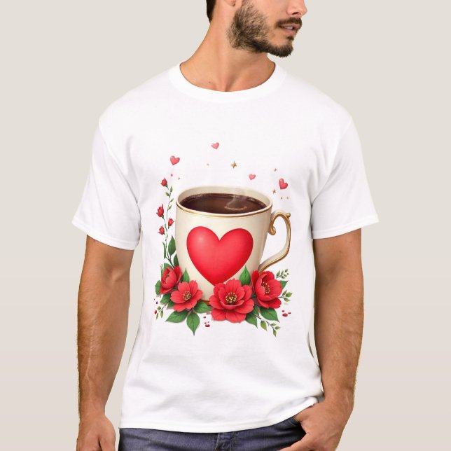 Camiseta É Hora Do Café Com Caneca E Corações Vermelhos (Frente)