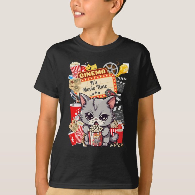 Camiseta É hora do filme com gato de pipoca (Frente)