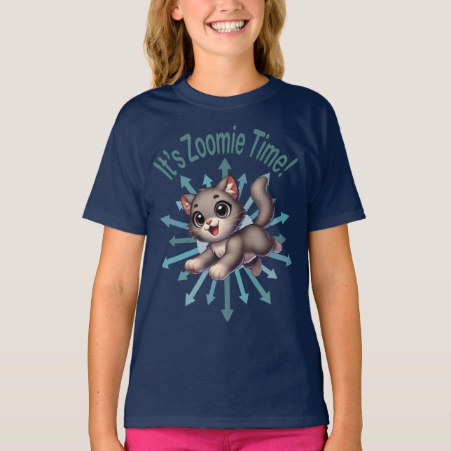Camiseta É Hora do Zoomie Gato Cinza e Branco Fofo (Frente)