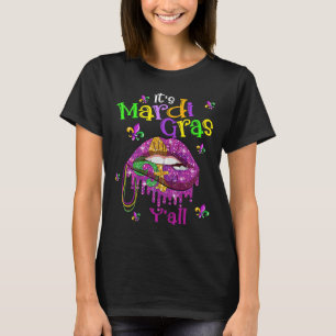Camiseta É Mardi Gras Y'all Violet Lip Lady Mask Miçangas