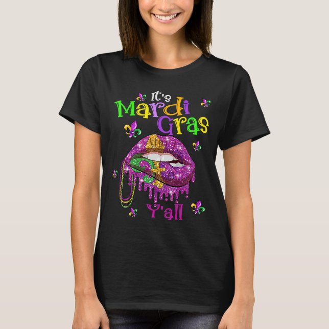 Camiseta É Mardi Gras Y'all Violet Lip Lady Mask Miçangas (Frente)