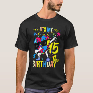 Camiseta É Meu 15º Aniversário Dabbing Autismo Puzzle