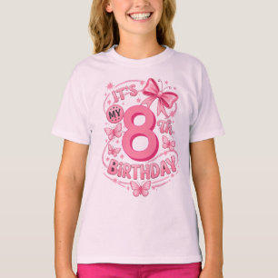 Camiseta É Meu 8º Aniversário Festa da Menina do Laço Rosa