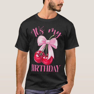 Camiseta É Meu Aniversário Coquette Laço Cereja Aniversário