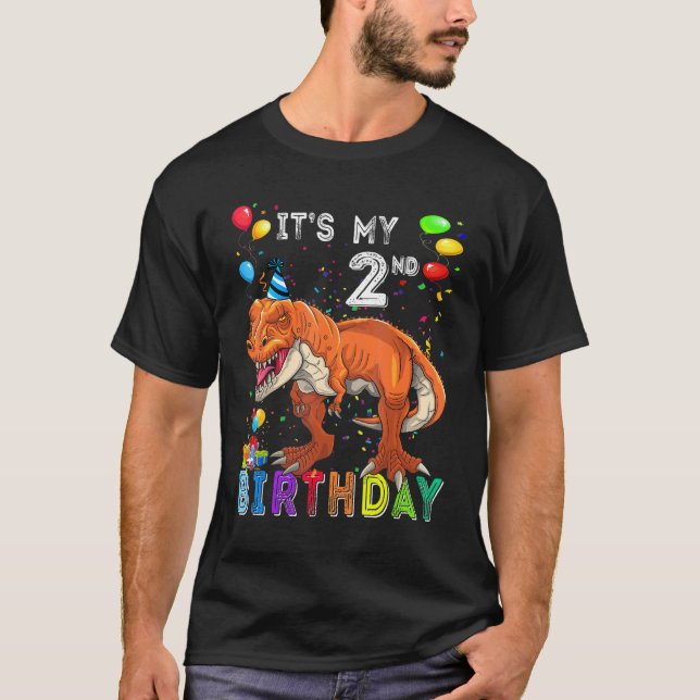 Camiseta É meu segundo aniversário Feliz 2 Anos Dinossauro  (Frente)